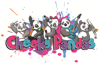Text: Cheeky Pandas in pink, purple and blue alternating letters. Above them are cartoon drawings of 5 Panda characters. Paint splashes around them.
