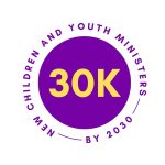 Purple circle with yellow letters in the middle that say '30K'. Around the outside of the circle it says 'New children and youth leaders by 2030' in purple letters.