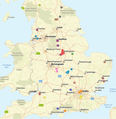 Map of England with coloured circles showing where there are Renew Wellbeing Cafes across the country