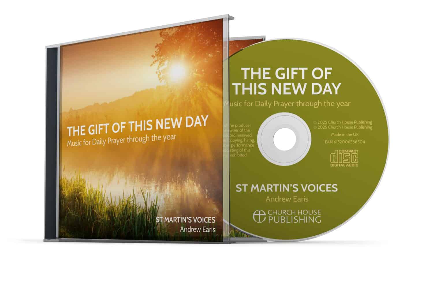 CD sitting just outside a case. Both say, 'The Gift of This New Day, St Martin's Voices, The Church of England'. The CD is olive green and the case has sun shining through a tree onto some grass; the cover is orange, as if lit by the sun.
