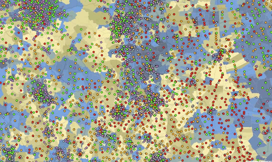 Example of a map which can be created using the tools provided in this resource. There is a range of areas of low to high deprivation, with circles representing local churches, towns, etc. Parish boundaries have been drawn on the map.