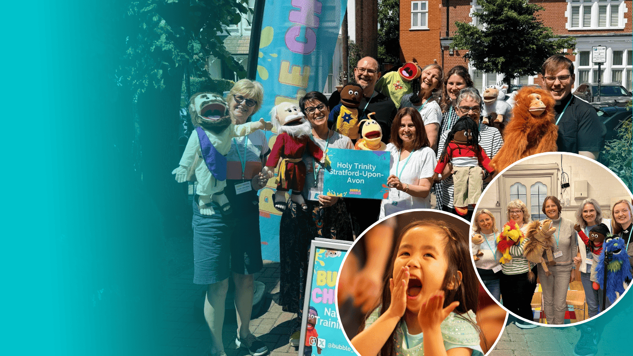 Photos of children and young people happy and participating in Bubble Church activities in church environments