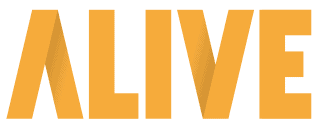 Yellow logo that reads the word Alive