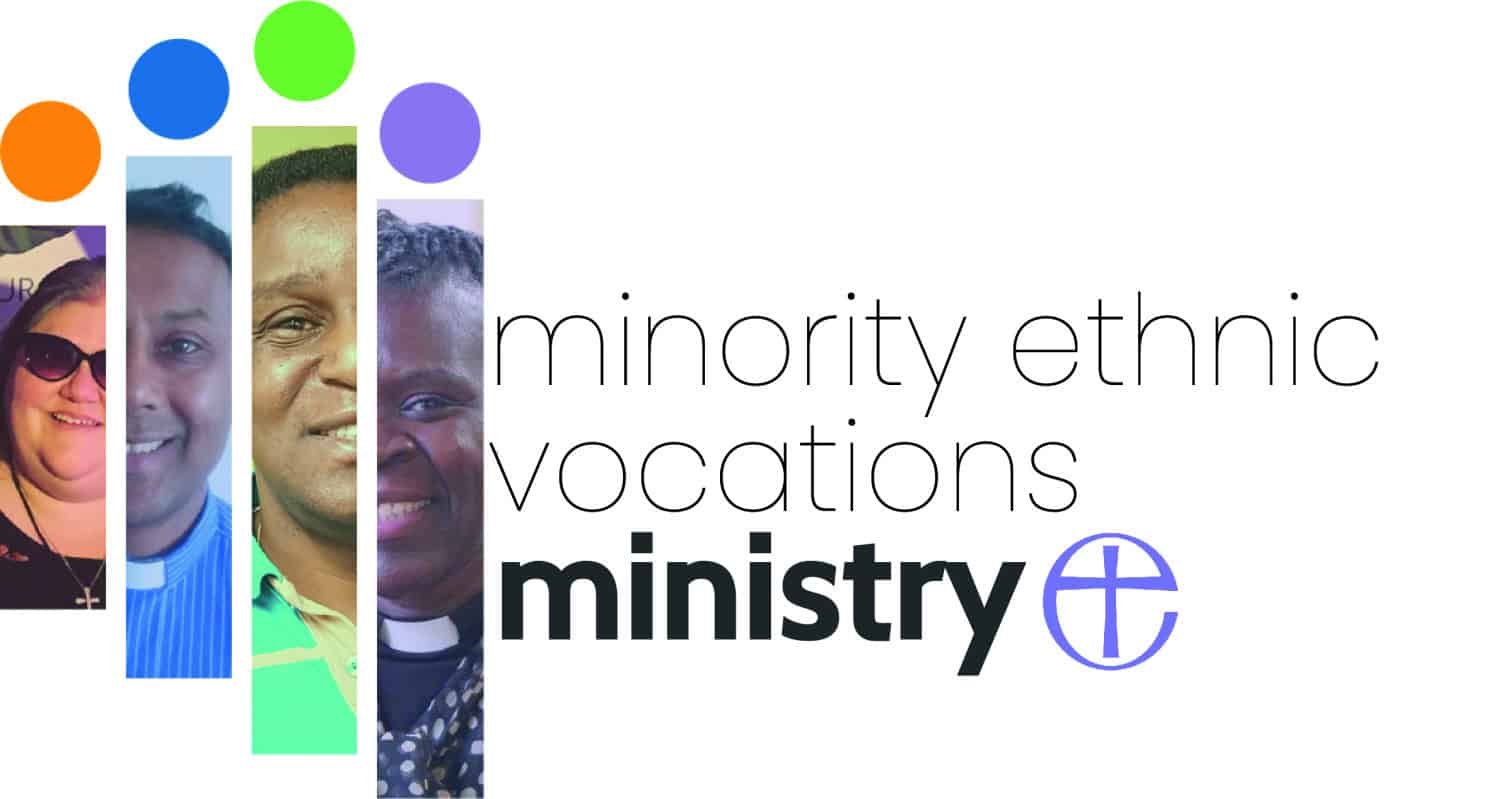 The words minority ethnic vocations ministry with the purple Church of England logo underneath and pictures of diverse people