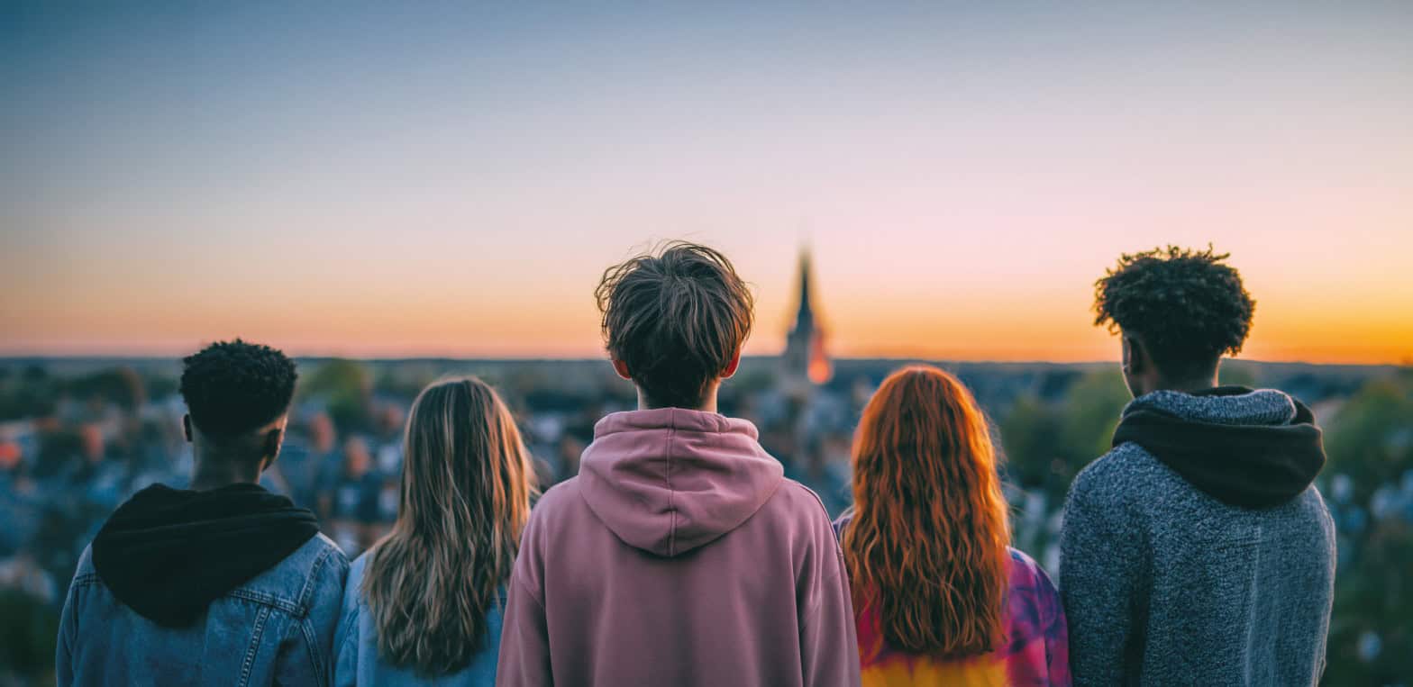 Five young people facing a horizon with an orange sunset in the distance